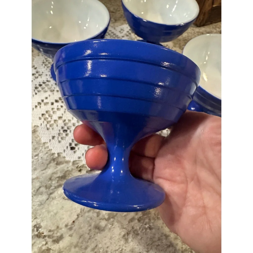 Vintage Cobalt Blue Milk Glass Footed Dessert Sherbet Bowls Set of 4 MCM Retro